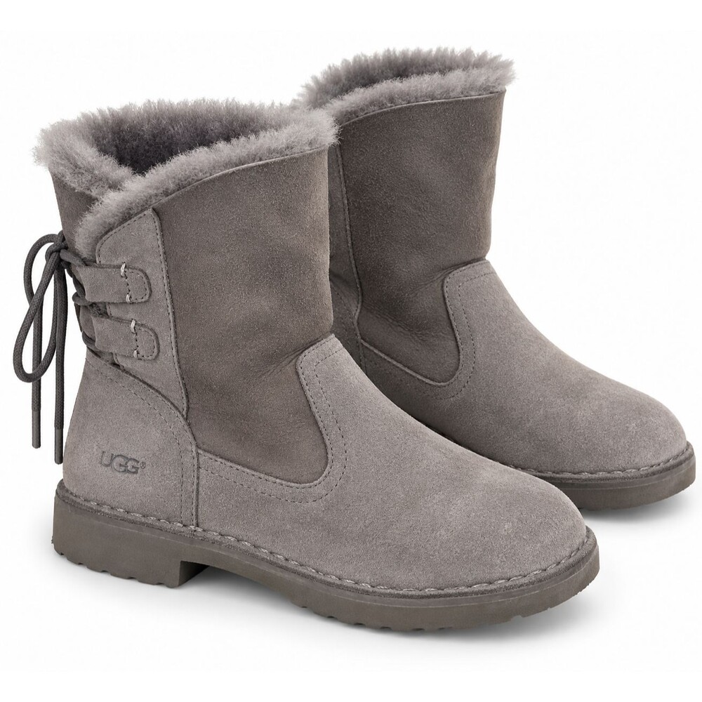 UGG Gray Suede Lace Up Ankle Boots Fur Lined Winter Womens Size 8